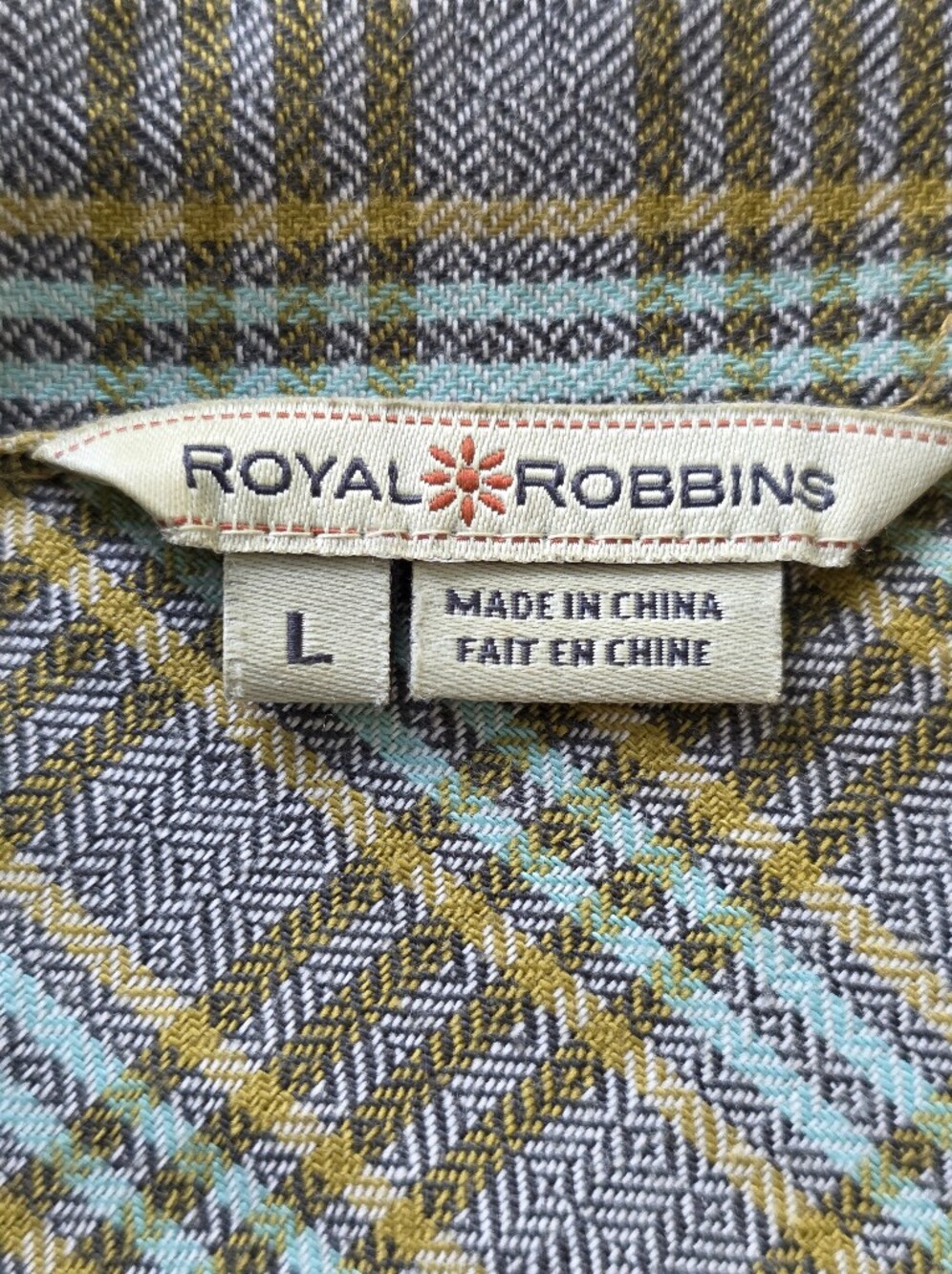 Royal Robbins Women's Large button-up shirt Light blue and mustard yellow plaid